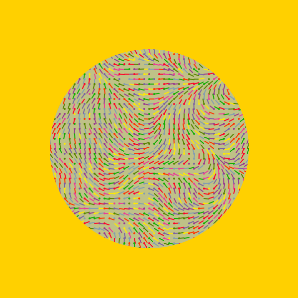 Linhas coloridas rotacionadas em um fluxo direcional dentro de um círculo